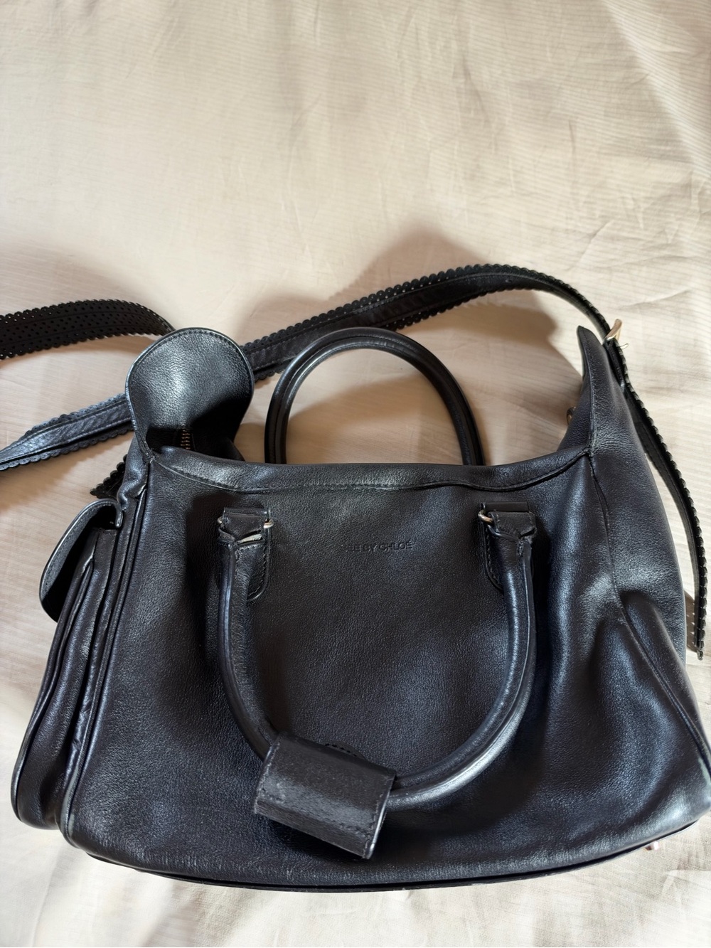 See By Chloé Black Leather Satchel with Top Handles and Crossbody Strap